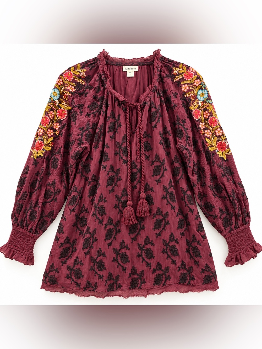 Sundance XS Embroidered Floral Cupro Boho Peasant Blouse Tunic Burgundy